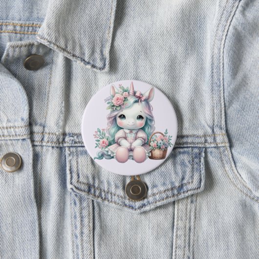 パステルカラーの可愛いユニコーンの人形と花かご 缶バッジ (インサイチュ)