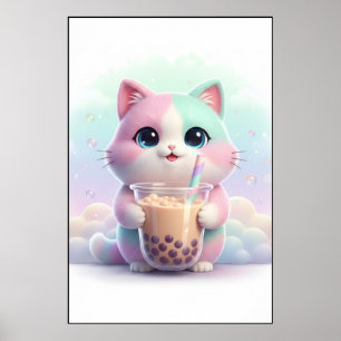 パステルカラーの可愛い子猫のタピオカティーアートポスター ポスター