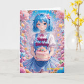 パステルカラーの可愛い少女のケーキお祝い カード (黄色い花)