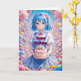 パステルカラーの可愛い少女のケーキお祝い カード