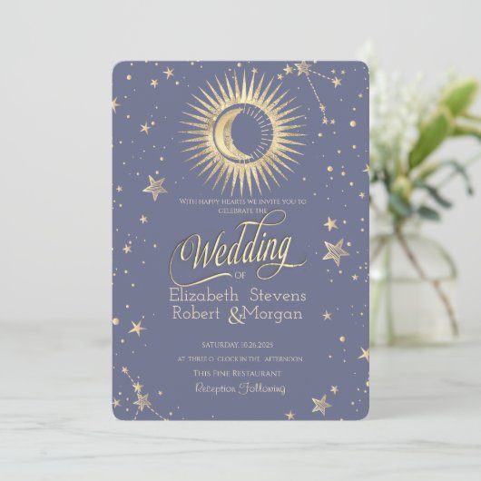 パステルカラーの太陽と月と星の結婚式デザイン  招待状 (スタンド正面)