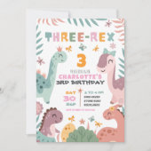 パステルカラーの女の子と恐竜の3歳の誕生日招待状 招待状 (正面)