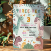 パステルカラーの女の子と恐竜の3歳の誕生日招待状 招待状