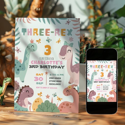 パステルカラーの女の子と恐竜の3歳の誕生日招待状 招待状