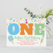 パステルカラーの女の子の誕生日パーティー アイスクリームのデコレーション 招待状 (スタンド正面)