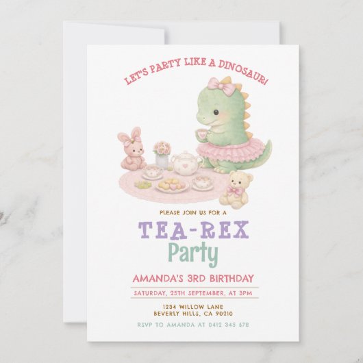 パステルカラーの女の子恐竜Tea-Rex 3歳の女の子の誕生日 招待状 (正面)