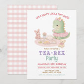 パステルカラーの女の子恐竜Tea-Rex 3歳の女の子の誕生日 招待状 (正面/裏面)