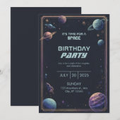 パステルカラーの宇宙惑星フレーム 誕生日 招待状 (正面/裏面)