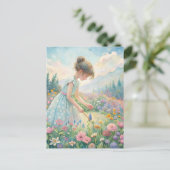 パステルカラーの少女と野の花 山々 ポストカード (スタンド正面)