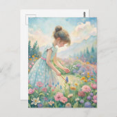パステルカラーの少女と野の花 山々 ポストカード (正面/裏面)