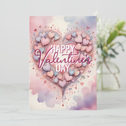 パステルカラーの幻想的な水彩ハート バレンタインデー カード (スタンド正面)