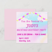 パステルカラーの庭での誕生日パーティー招待状 招待状 (正面/裏面)