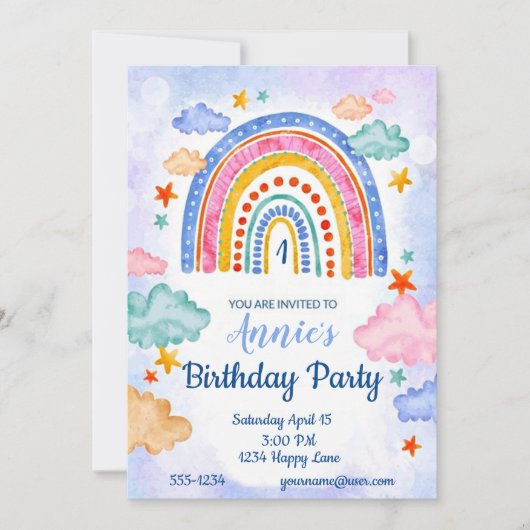 パステルカラーの手描き虹の誕生日パーティー 招待状 (正面)
