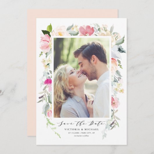 パステルカラーの春の花フレーム写真 セーブザデート (正面/裏面)