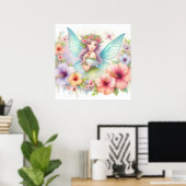 パステルカラーの水彩画の妖精と花 ポスター (ホームオフィス)