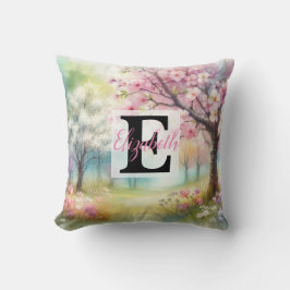 パステルカラーの水彩画の花にモノグラムの名前 クッション