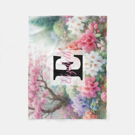パステルカラーの水彩画の花にモノグラムの名前　Ｔｈ フリースブランケット (正面)