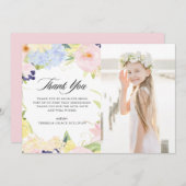 パステルカラーの水彩花フレームのファーストコミュニオン サンキューカード (正面/裏面)