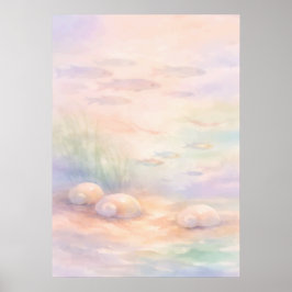 パステルカラーの汽水域の水彩画 海岸の芸術 ポスター