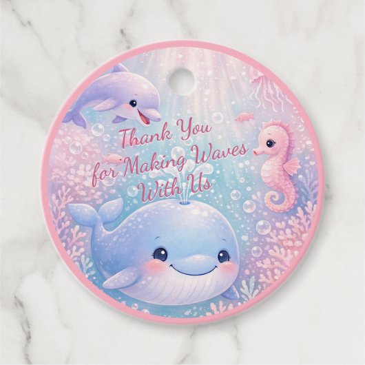 パステルカラーの海の中の誕生日・クジラ・イルカパーティー フェイバータグ (正面)