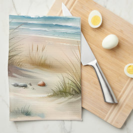 パステルカラーの海岸砂丘の水彩画 キッチンタオル