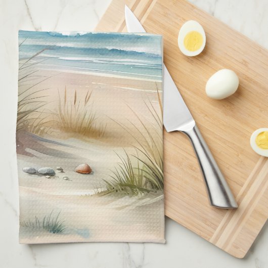パステルカラーの海岸砂丘の水彩画 キッチンタオル (四つ折り)