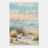 パステルカラーの海岸砂丘の水彩画 キッチンタオル (縦)