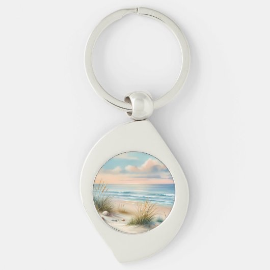 パステルカラーの海岸砂丘の水彩画 キーホルダー (正面)