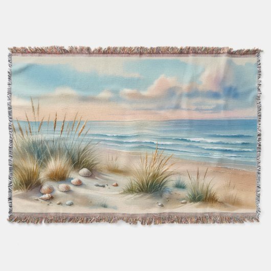パステルカラーの海岸砂丘の水彩画 スローブランケット (正面)