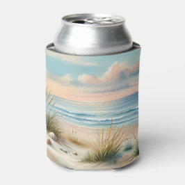 パステルカラーの海岸砂丘の水彩画 缶クーラー