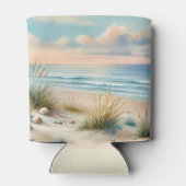 パステルカラーの海岸砂丘の水彩画 缶クーラー (裏面)
