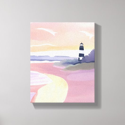 パステルカラーの灯台 | 海岸のビーチショアの水彩画 キャンバスプリント (正面)