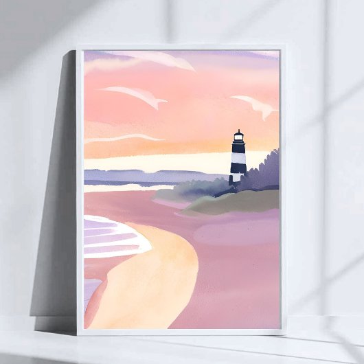 パステルカラーの灯台 | 海岸のビーチショアの水彩画 ポスター