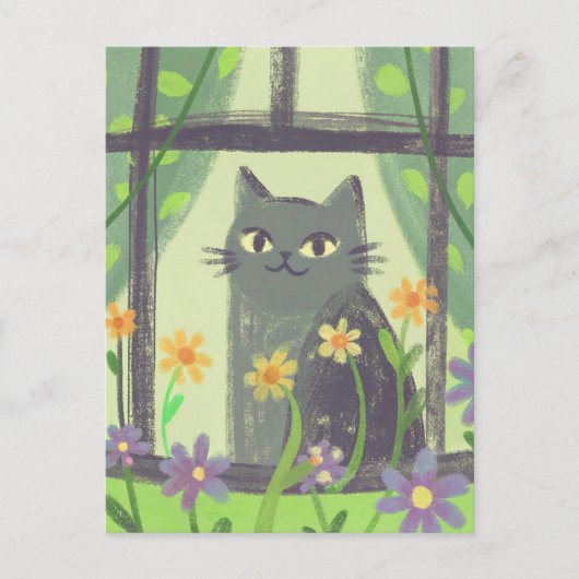 パステルカラーの猫と花の現代民俗芸術 ポストカード (正面)