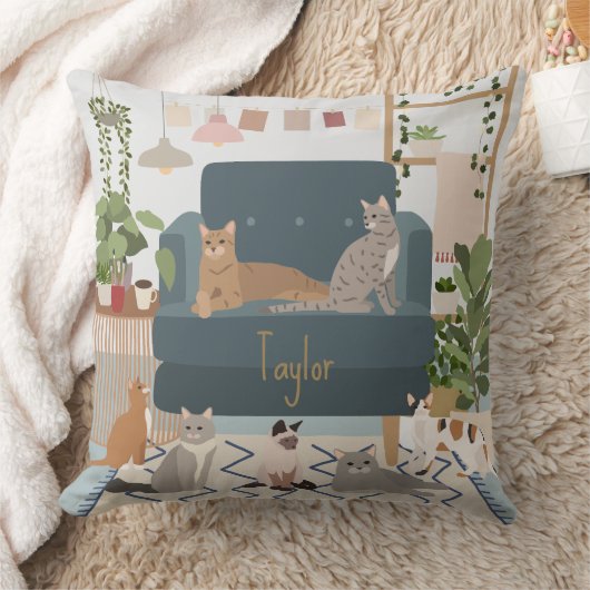 パステルカラーの猫カフェ&観葉植物 クッション (ブランケット)