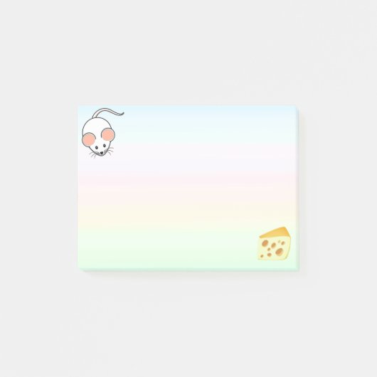 パステルカラーの白い可愛いネズミとチーズ ポストイット (正面)