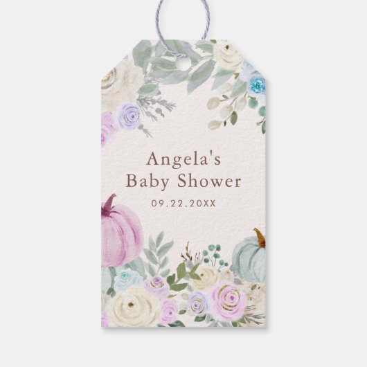 パステルカラーの秋のカボチャの花のベビーシャワー ギフトタグ (裏面)