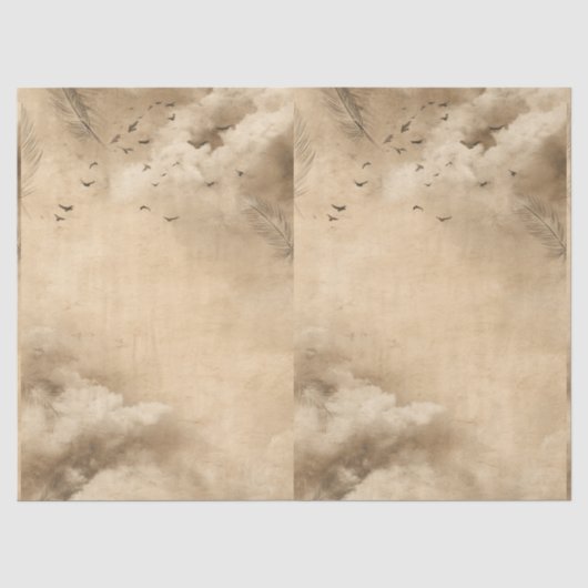 パステルカラーの空と雲と鳥と羽根のコラージュ 薄葉紙 (正面)
