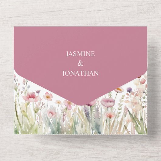 パステルカラーの繊細でカラフルな野の花をあしらったウェディング オールインワン招待状 (裏面)