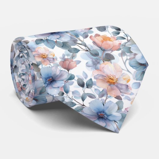 パステルカラーの繊細な水彩花模様 ネクタイ (ロール)