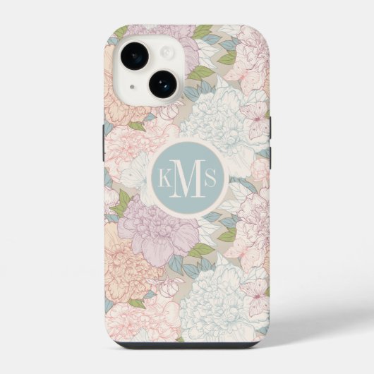 パステルカラーの芍薬と蝶の花柄 iPhoneケース (裏面)