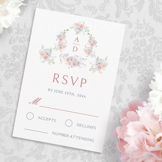 パステルカラーの芍薬のフレーム付き結婚式モノグラムRSVPカード カード