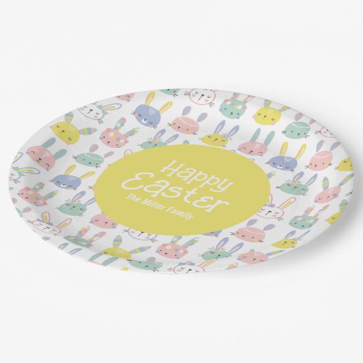 パステルカラーの花が咲くかわいいイースターバニー ペーパープレート (アングル)