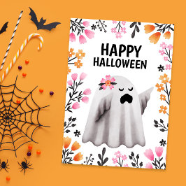 パステルカラーの花で飾られたかわいいお化けのハロウィンカード シーズンカード