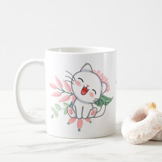 パステルカラーの花と愛らしい子猫 コーヒーマグカップ (ドーナツ)