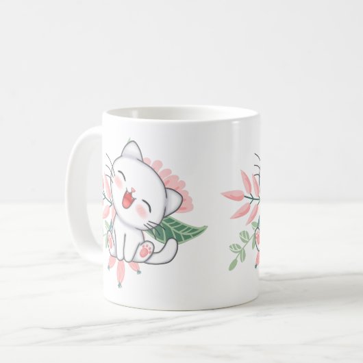 パステルカラーの花と愛らしい子猫 コーヒーマグカップ (正面左)