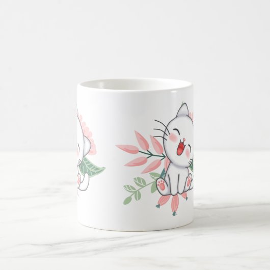 パステルカラーの花と愛らしい子猫 コーヒーマグカップ (中央)