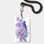 パステルカラーの花と鳥のネームバッジ バッジ (正面（ネックストラップ付）)