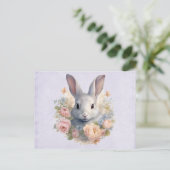 パステルカラーの花に囲まれたウサギ 可愛い ポストカード (スタンド正面)