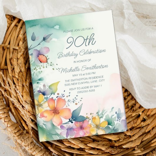 パステルカラーの花のデザイン 90歳の誕生日 招待状